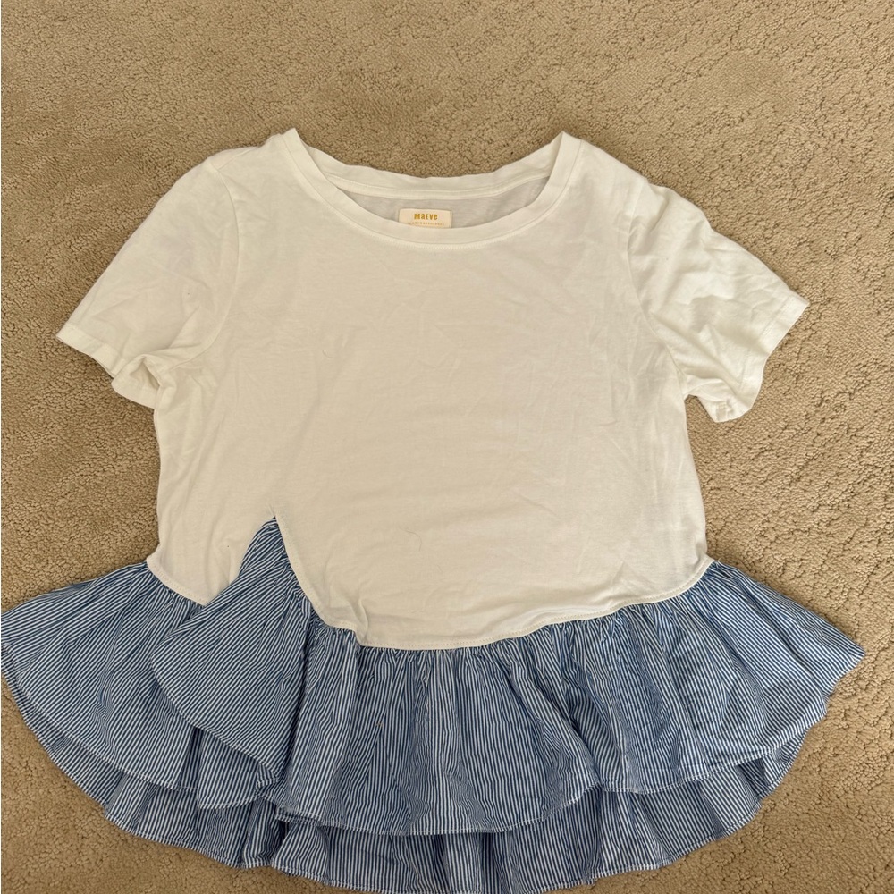 Anthropologie White and Blue Striped Ruffle Tee